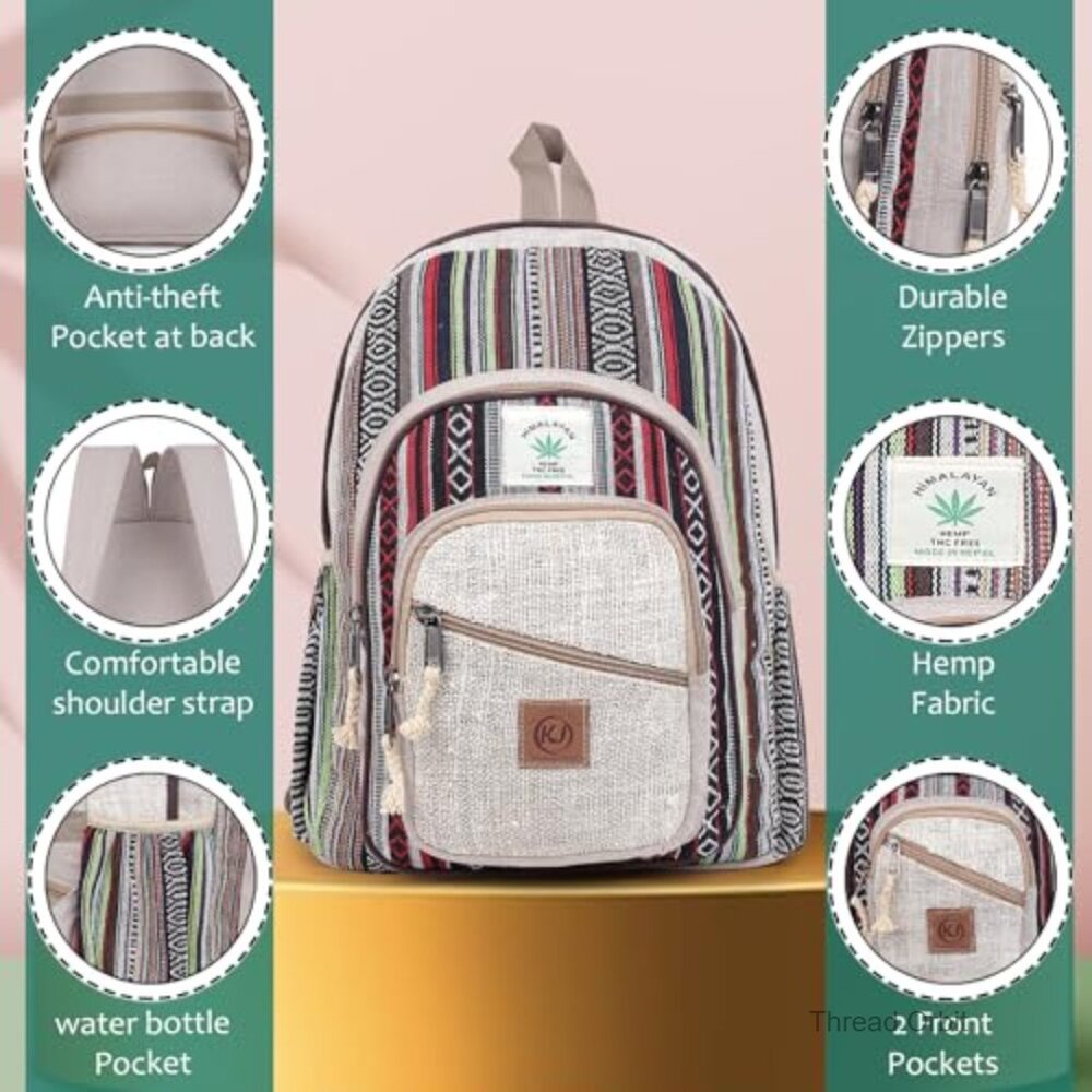 Large Hemp Backpack with Multiple Pockets, Adjust… - image 4